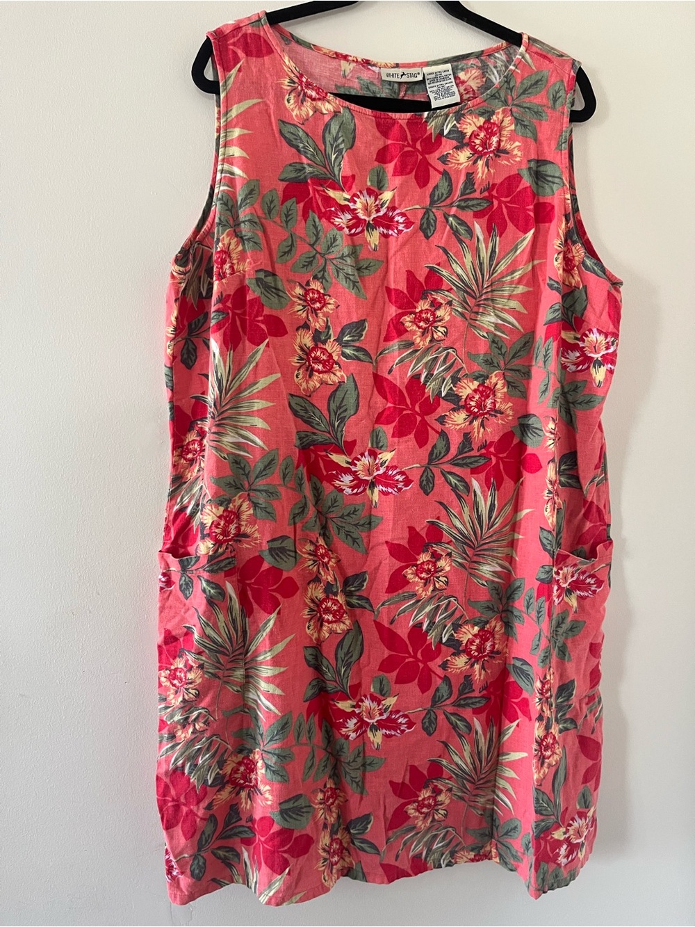 Vintage Pink Tropical Floral Print Linen Shift Mini Dress XL Resort Beach Hawaii